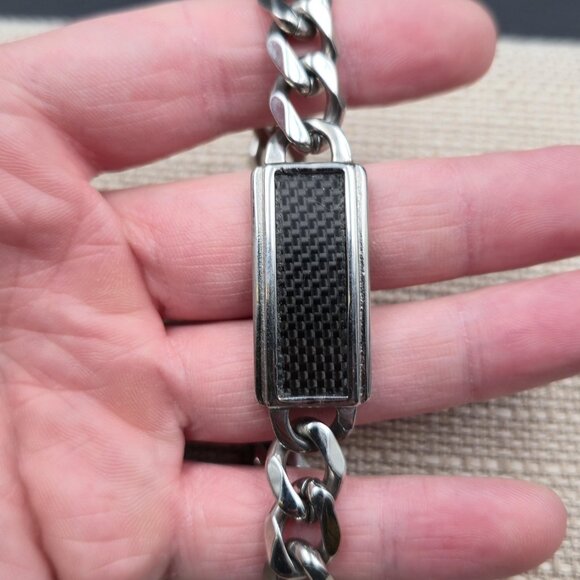 Stainless Steel Carbon Fiber Style Curb Chain Bracelet Vintage B845 - Picture 2 of 9